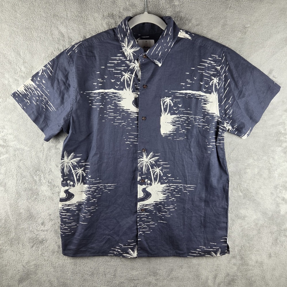 Katin Linen Blend Button Shirt‎ Navy Palm Mens Medium Beach Summer Short Sleeve